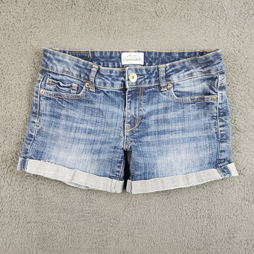Aeropostale Y2K Low Rise Mini Denim Blue Jean Shorts Womens 3/4 Preppy Cuffed